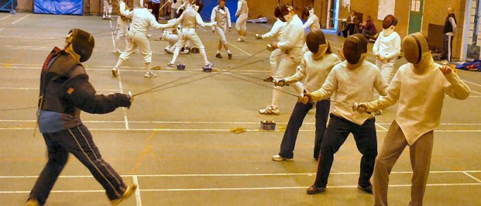 2011-05-03_07_Trevor_coaches_beginners A fencing course being run with 3 beginners at Kingston Fencing Club